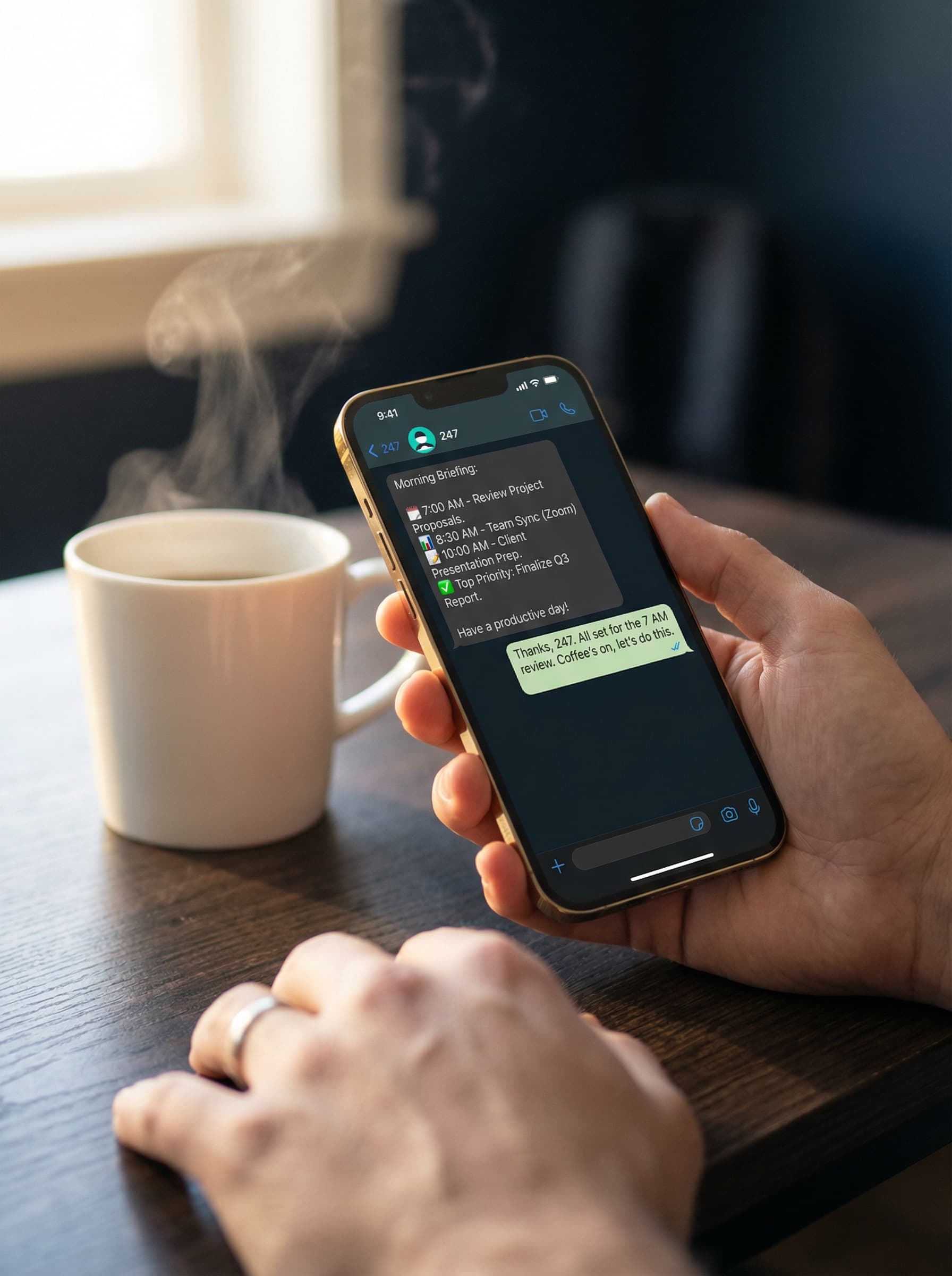 Full-Time Agent morning briefing on WhatsApp, a phone showing a structured daily schedule alongside a coffee cup